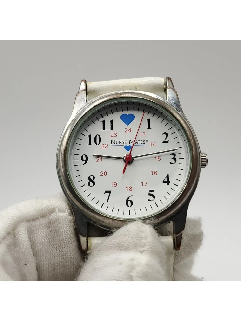 Nurse Mates White 24hr Dial 31mm Quartz Womens White Leather Band New Battery